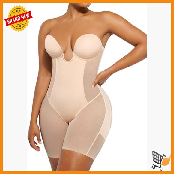 Strapless Shapewear Bodysuit Tummy Control Backless Plunge Mid Thigh